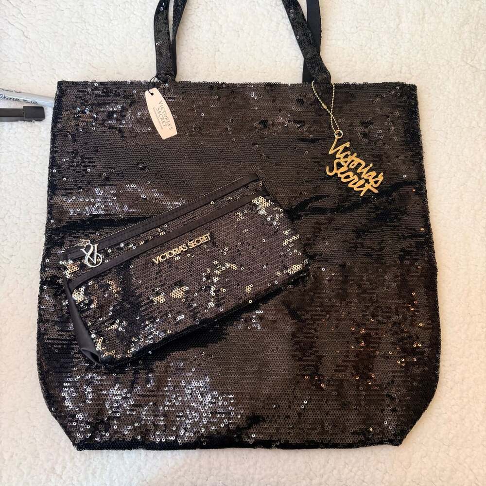 Victoria's Secret Black Sequin Tote Bag And Pouch